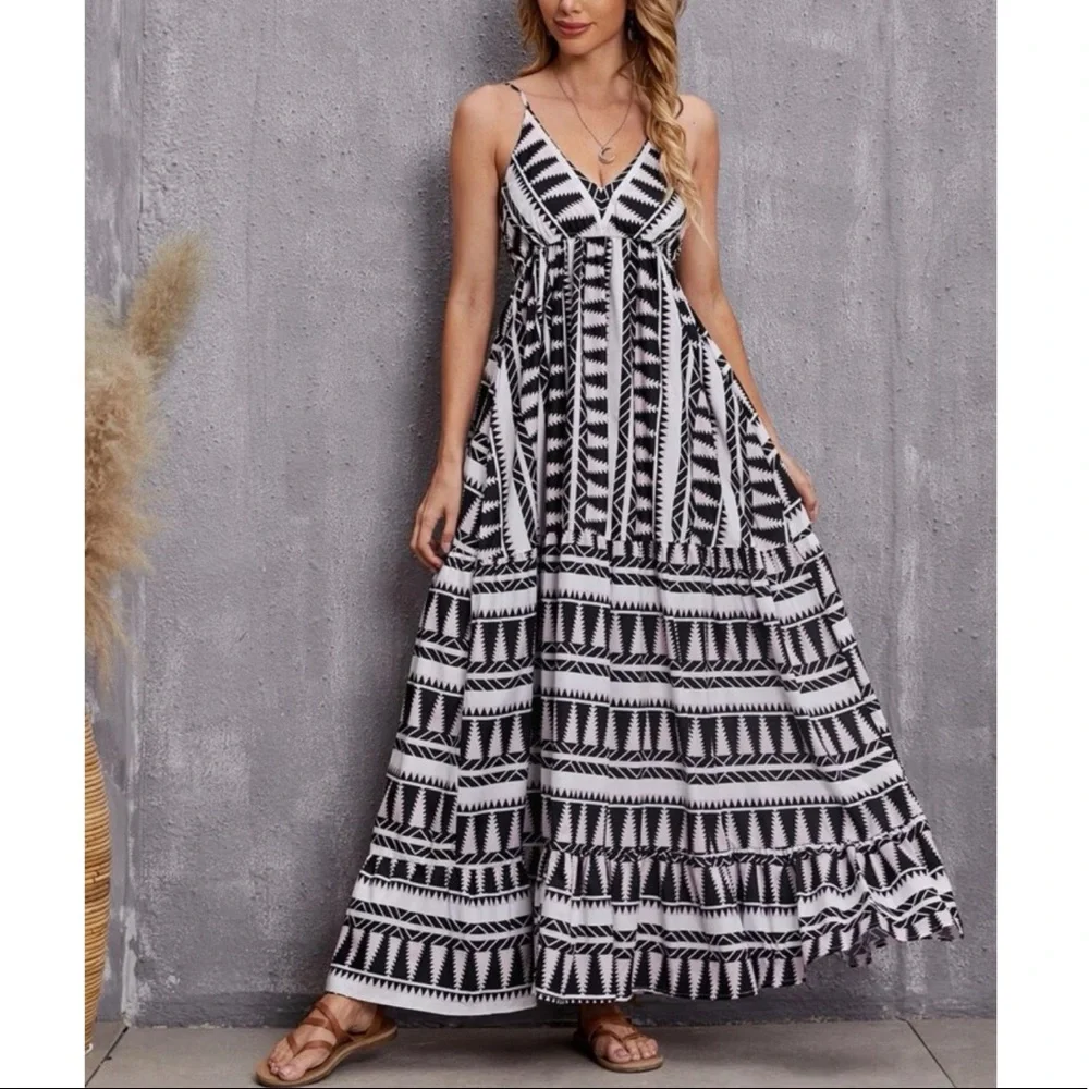 Bohemian Pattern Black White Ruffle Cami Maxi Dress S M L XL - Picture 1 of 4